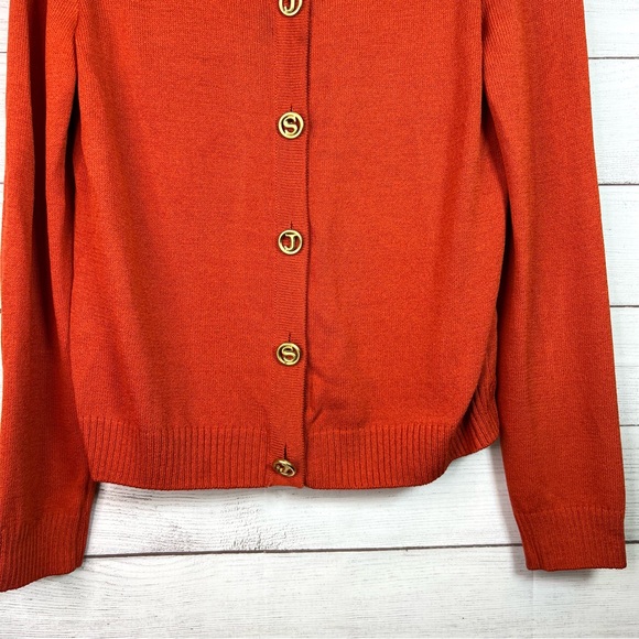 St. John Sport Orange Gold Knit Wool Cardigan Sweater Size M FLAWS - Picture 5 of 13